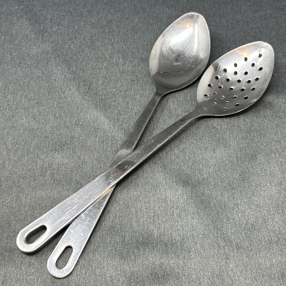 2pc Wolfgang Puck Cafe Collection Stainless Steel Serving Spoons Solid Slotted